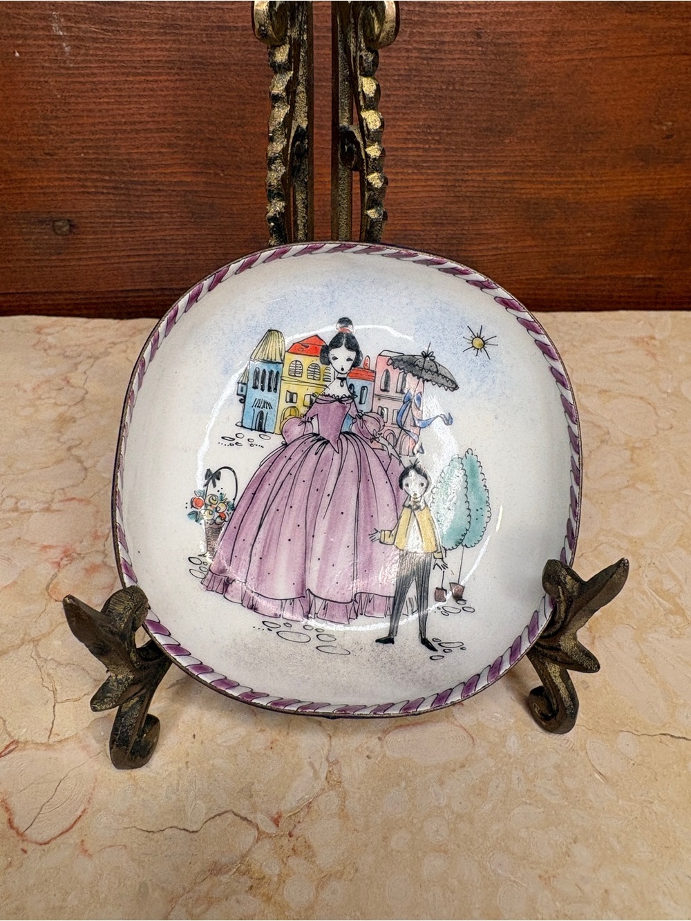 Vintage Steinbock Austria Enamel Painted Trinket Dish Victorian Woman & Child